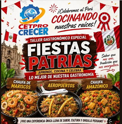 Afiche del taller gastronómico de Fiestas Patrias con chaufa de mariscos y aeropuerto