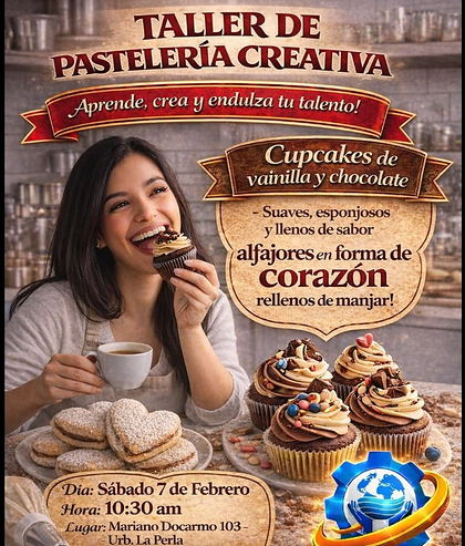 Afiche del taller de pastelería creativa de CETPRO CRECER: cupcakes y alfajores
